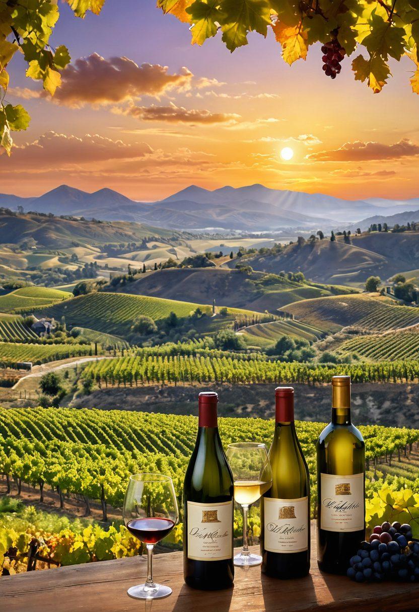 A breathtaking vineyard landscape stretching out under a golden sunset, showcasing a variety of colorful wine bottles in the foreground, each labeled with different regional names. A person elegantly tasting wine, holding a glass delicately, with mountains and rolling hills in the background. Grapevines lush with grapes intertwining the bottles and glass. super-realistic. vibrant colors. warm tones.