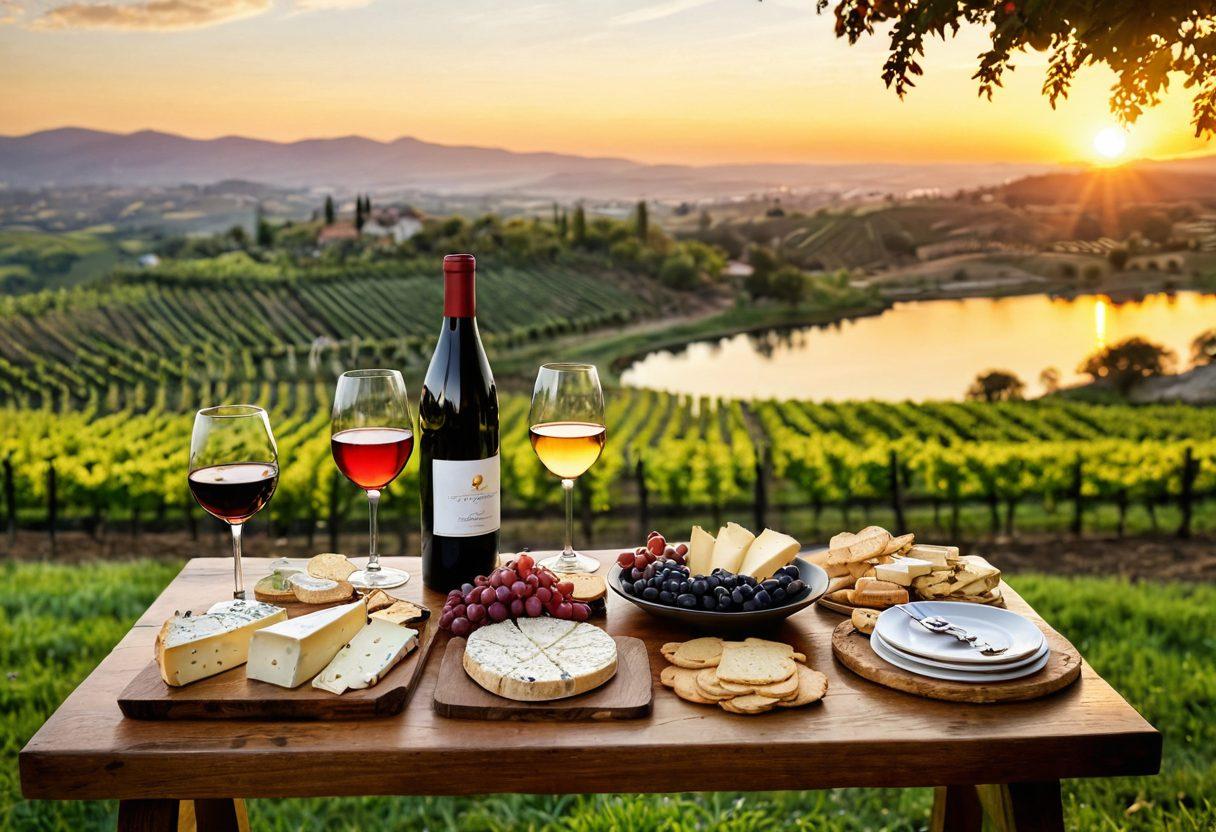 A beautifully set wine tasting table outdoors, adorned with elegant wine glasses filled with rich red and sparkling white wines, accompanied by an array of gourmet cheeses and crackers. A backdrop of picturesque vineyards under a golden sunset, with a couple savoring each sip and sharing laughs. The scene should evoke a sense of celebration and exploration. super-realistic. vibrant colors. sunset ambiance.