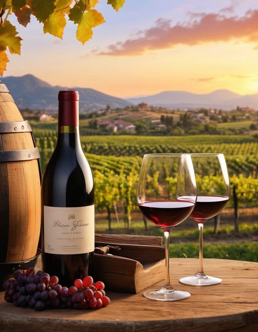 A picturesque vineyard landscape at sunset, highlighting lush grapevines intertwined with historical winemaking tools. In the foreground, a pair of elegant wine glasses filled with deep red wine and a rustic wooden barrel add a touch of tradition. Subtle hints of nearby mountains and a charming winery in the background enhance the scene's depth. The sky is painted with warm colors that reflect the rich tones of the wine. super-realistic. vibrant colors. 3D.